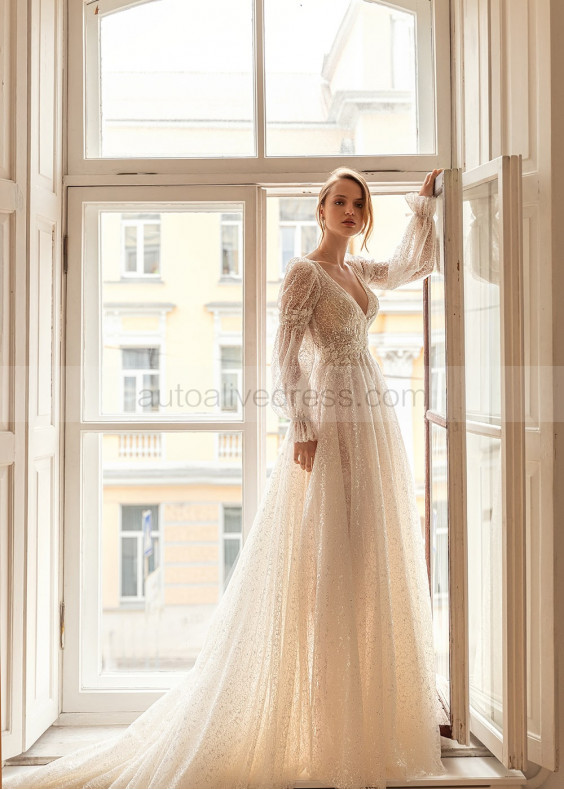 Long Sheer Sleeves Beaded Shining Lace Sparkling Wedding Dress